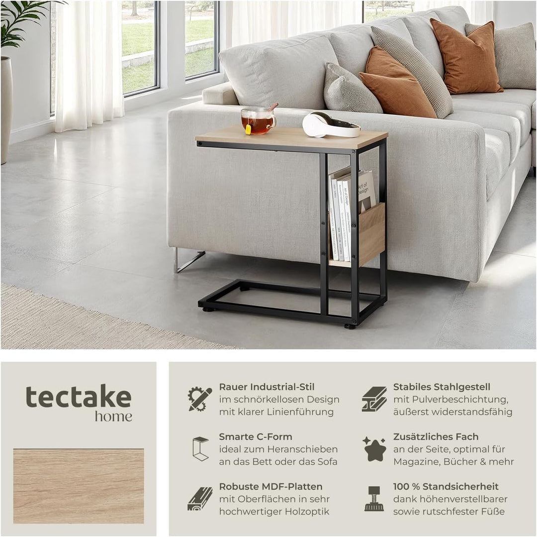 tectake® Beistelltisch Holz Metall, Wohnzimmertisch, Couchtisch C-Form, Laptoptisch für Couch, Bettt