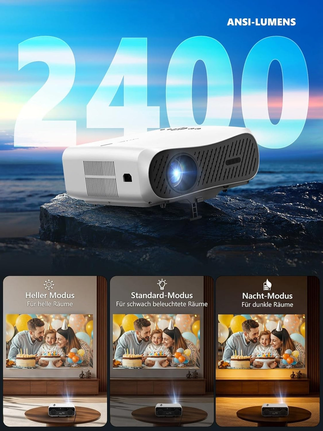 Smart 4K Beamer LED Tageslicht Projektor 2400 ANSI HDR 10 mit WiFi6 Bluetooth5.4 HDMI eARC/CEC, ToF-