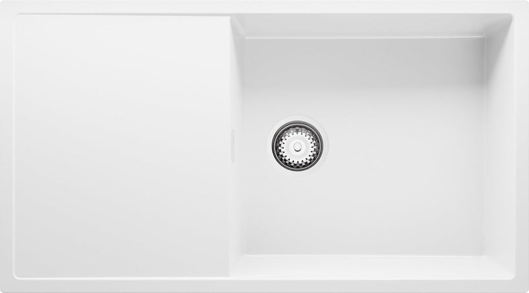 Spülbecken Weiss 90x50 cm, Granitspüle 1 Becken XL + Ablauf-Set, Küchenspüle für 60er Unterschrank,