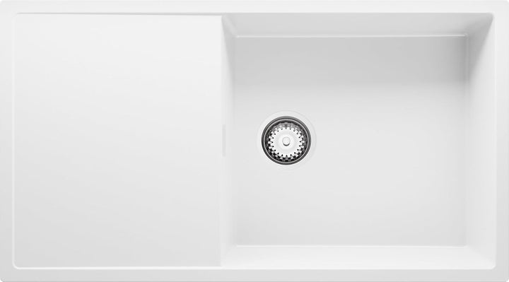 Spülbecken Weiss 90x50 cm, Granitspüle 1 Becken XL + Ablauf-Set, Küchenspüle für 60er Unterschrank,