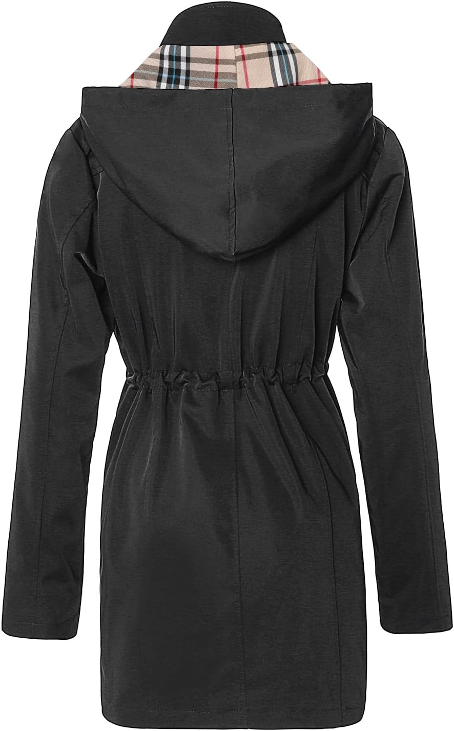 SaphiRose Lange Regenjacke für Damen, Outdoor-Regenmantel, Windbreaker, mit Kapuze XXL Schwarz, XXL