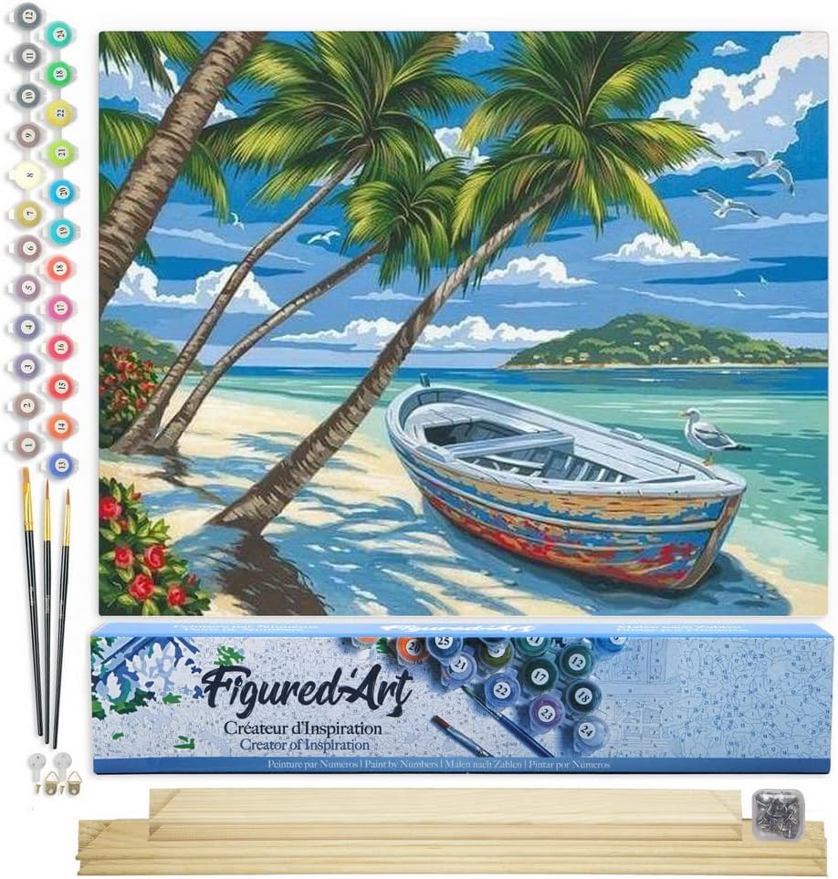 Figured'Art Malen Nach Zahlen Erwachsene Mit Rahmen Boot unter den Palmen - Paint by Numbers Basteln