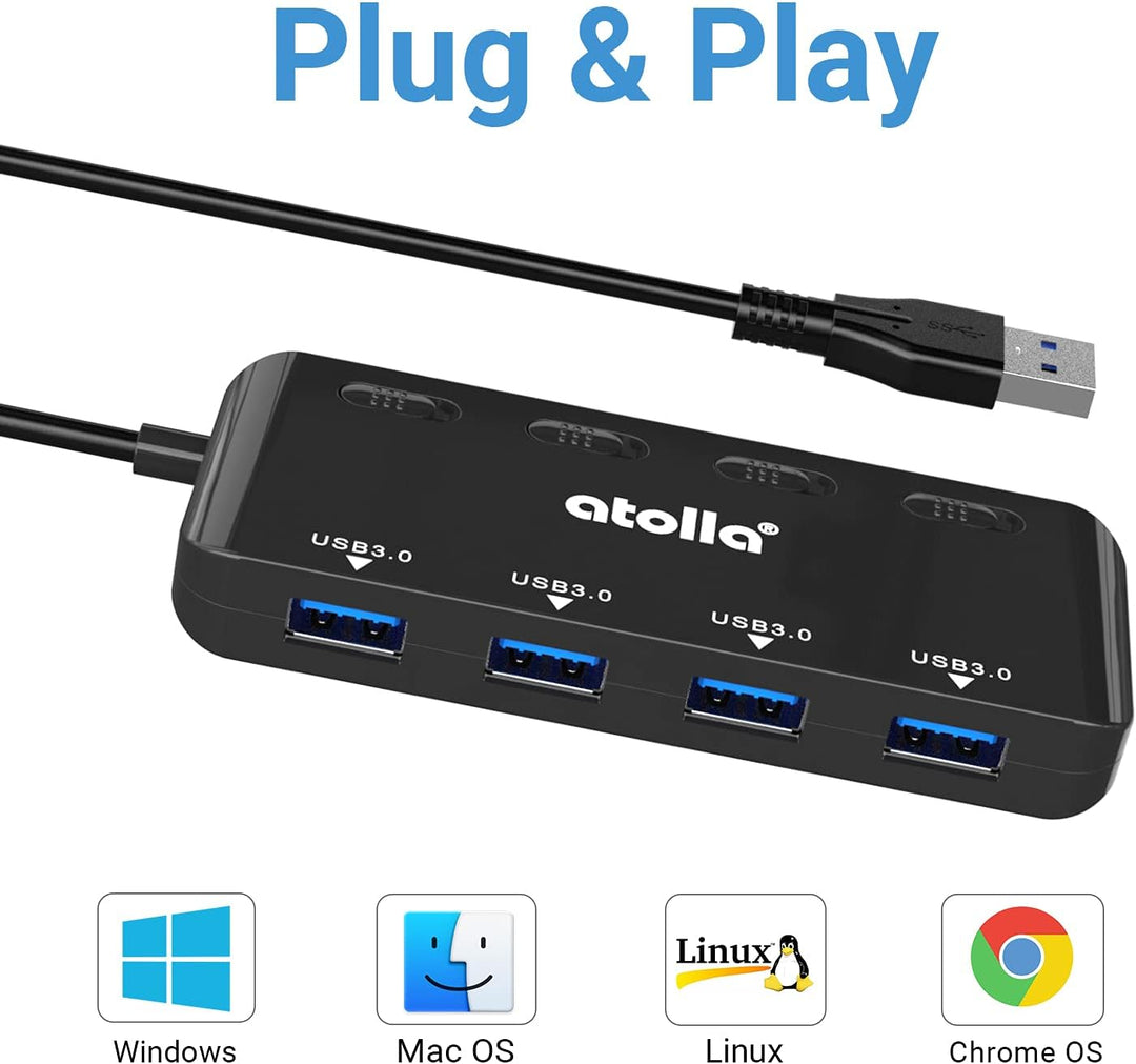 atolla USB Hub mit 4 USB 3.0 Ports, 60cm Kabel, Ultra dünn USB Verteiler mit einzelnen Power Schalte