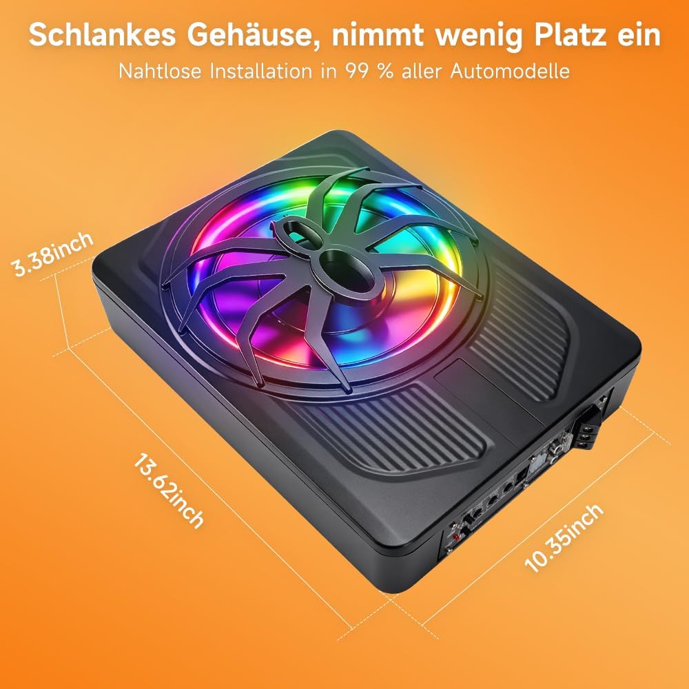 1200W 10 Zoll Slim Aktiv Subwoofer Auto mit APP Steuerung und Farblicht,12V Untersitz Auto Subwoofer