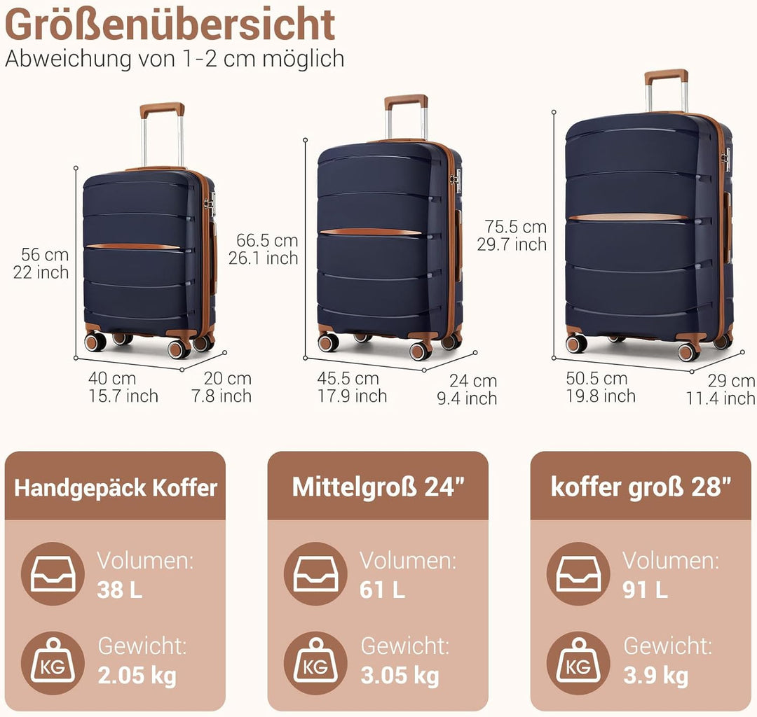 KONO Kofferset 3 Teilig Hartschale Leicht Polypropylen Koffer Handgepäck/Mittelgross/Gross Reisekoff