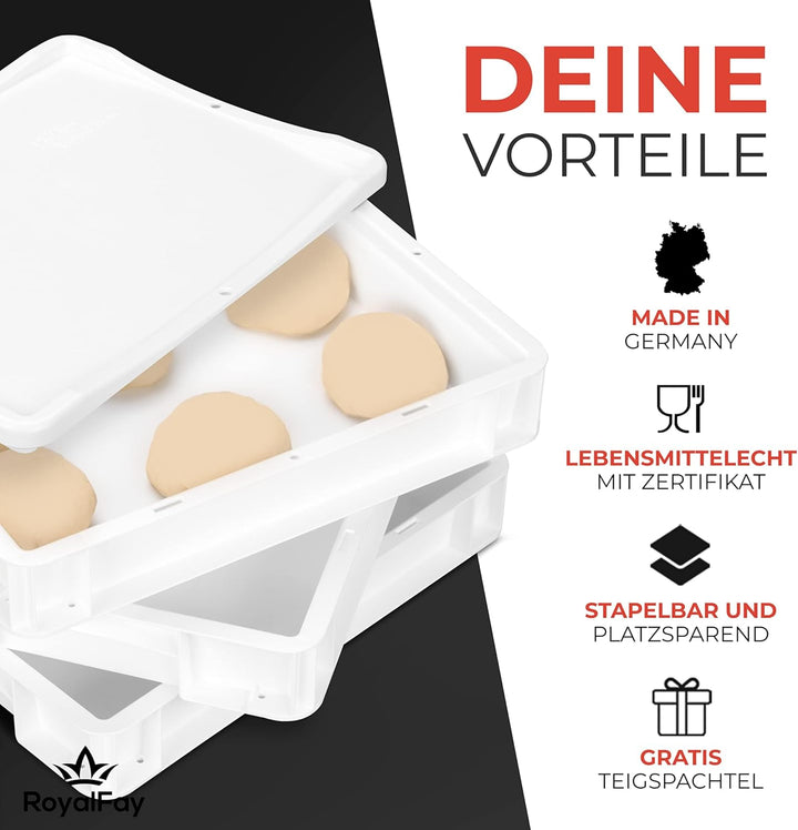 RoyalFay® Pizzaballenbox weiss 30 x 40 x 8 cm (1 Box mit 1 Deckel) für Pizzateig Sauerteig Brotteig