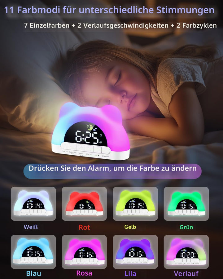 PERMUST Wecker Kinder 10 Weckerlärme, 11 RGB-Farben, 2 Alarme + Snooze, Schlaftrainer, Einstellbare