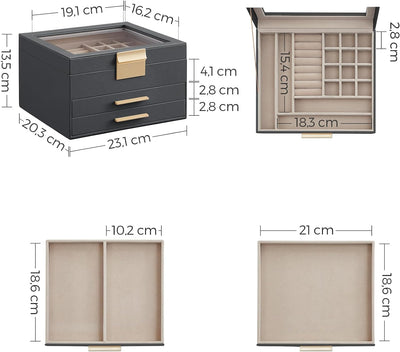 SONGMICS Schmuckkästchen, Schmuckkasten 3 Ebenen, Schmuckbox mit Glasdeckel, 2 Schubladen, Schmuckau