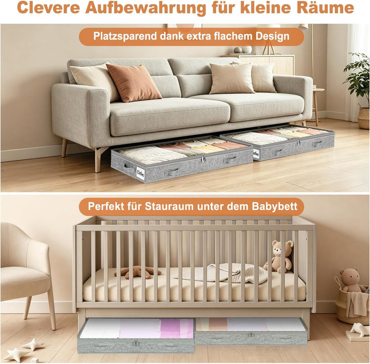 4 Stück Unterbett Aufbewahrungsbox,10cm hoch Unterbettkommode mit klarem Deckel, Faltbare Kleiderauf