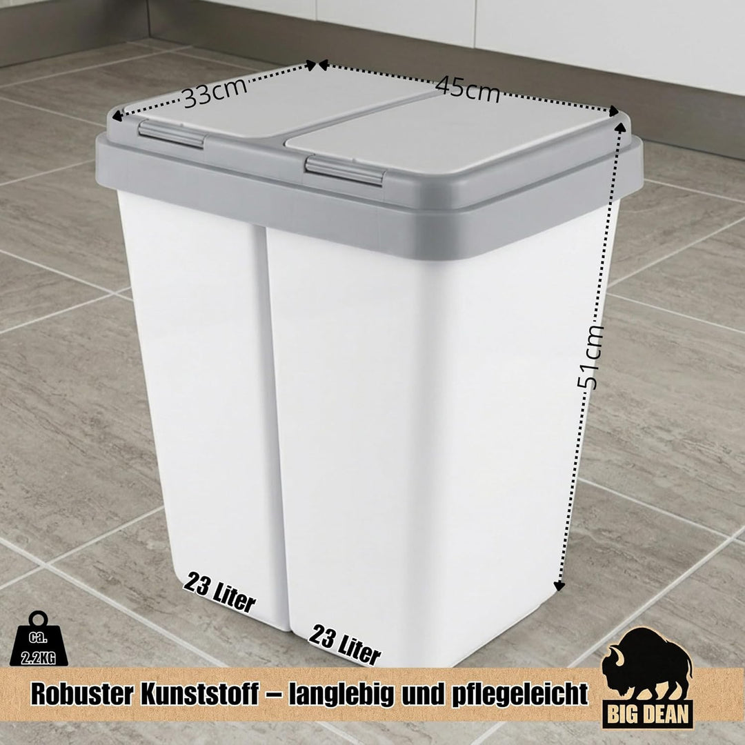 BigDean Zweimer Duo Müllbehälter mit Deckel 2 x ca. 25 Liter, Kunststoff Mülleimer für die Küche ger