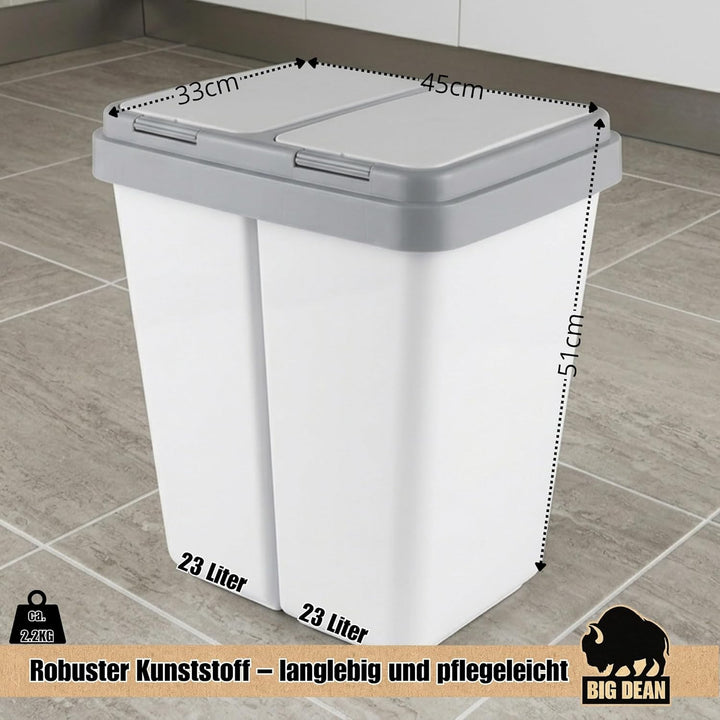 BigDean Zweimer Duo Müllbehälter mit Deckel 2 x ca. 25 Liter, Kunststoff Mülleimer für die Küche ger
