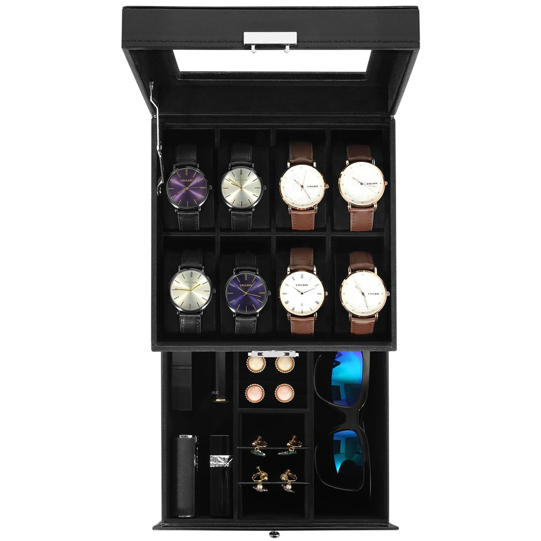 Uten Uhrenbox, 8 Fächern und 1 Schublade mit Schlüsselschloss, Glasdeckel, Schwarzes PU, Schwarzes S