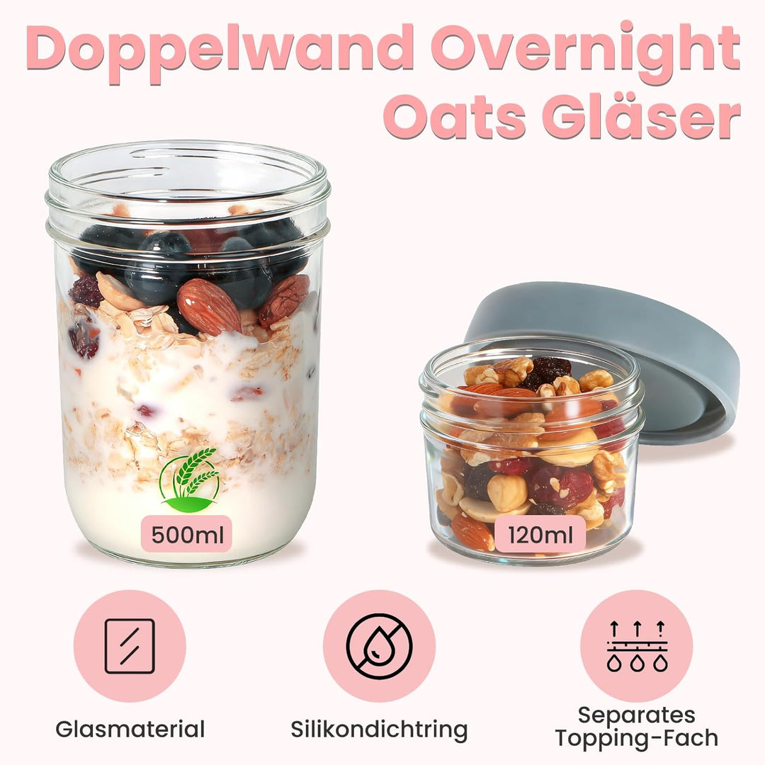 2er Müslibecher to go, 500 ml+120ml Overnight Oats Gläser, Doppelwandiger Glasbehälter mit Deckel, J