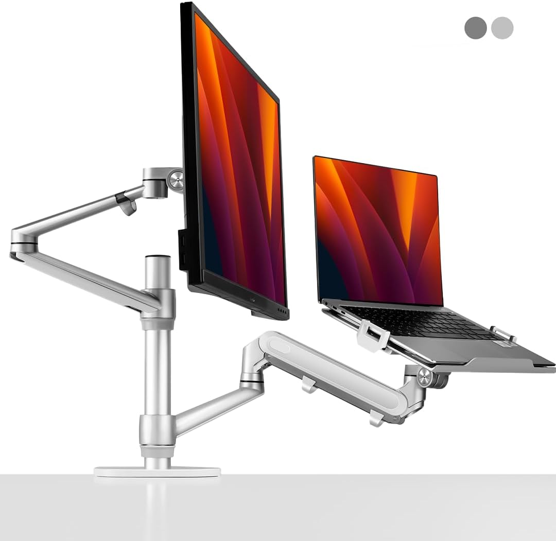 Alberenz® 2-in-1 Laptop- & Monitorhalterung mit Gasfeder, Verstellbarer Doppelarm-Ständer für 12-17"