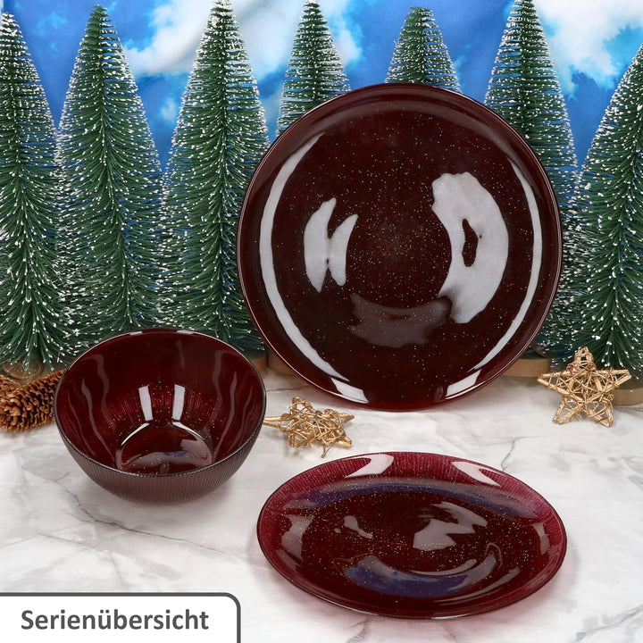 MamboCat 6er Set Suez Kuchenteller I Ø21,2cm I Dunkelroter Dessertteller aus Glas mit Relief & Glitz