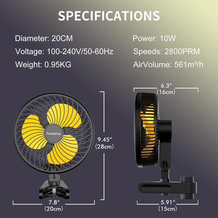 FanGoFast Grow Ventilator mit Clip EC-Motor, 10 Geschwindigkeitsstufen, Grow Clip-Ventilator Klemmba