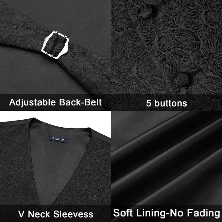 Enlision Herren Paisley Floral Jacquard Weste &amp; Krawatte und Pocket Square Weste Anzug Set XL Schwar