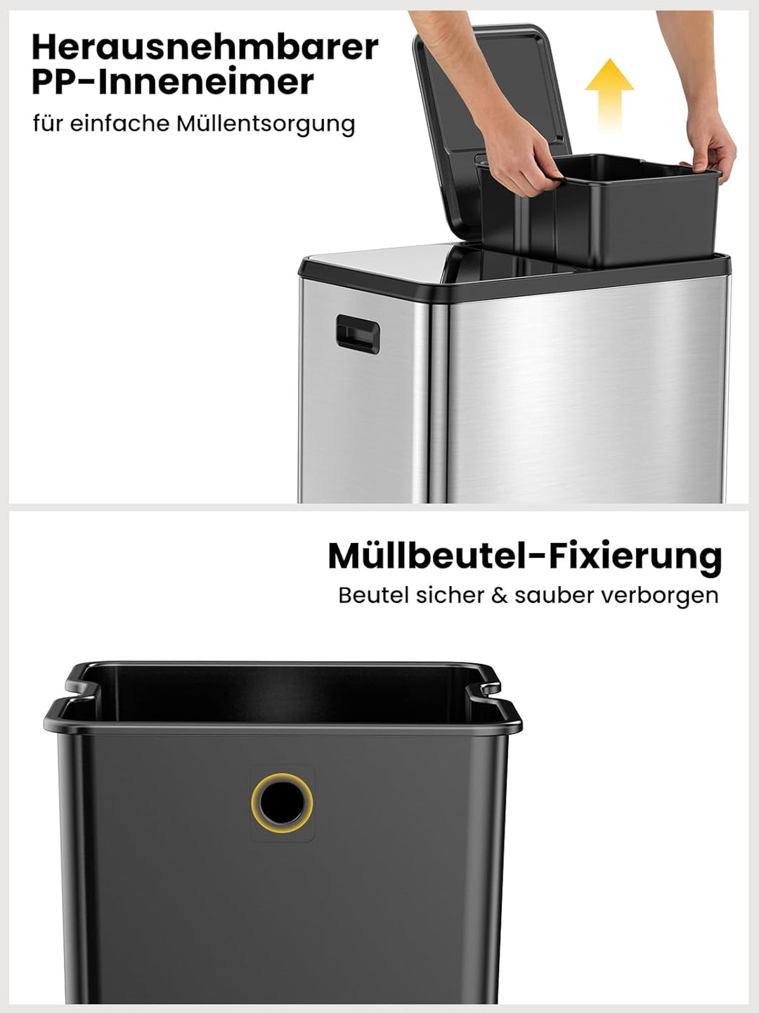 YEAUPE PRO Mülleimer Küche 40L (2x20L), Edelstahl Treteimer mit Fusspedal,Doppel Mülltrennung,Heraus