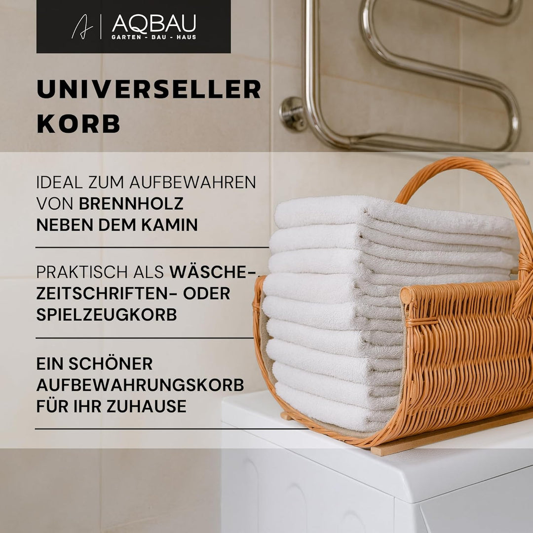 Kaminholzkorb XXL - 60 x 44 cm aus Weide mit Holzleisten und Jute-Einlage – Handgeflochtener Brennho