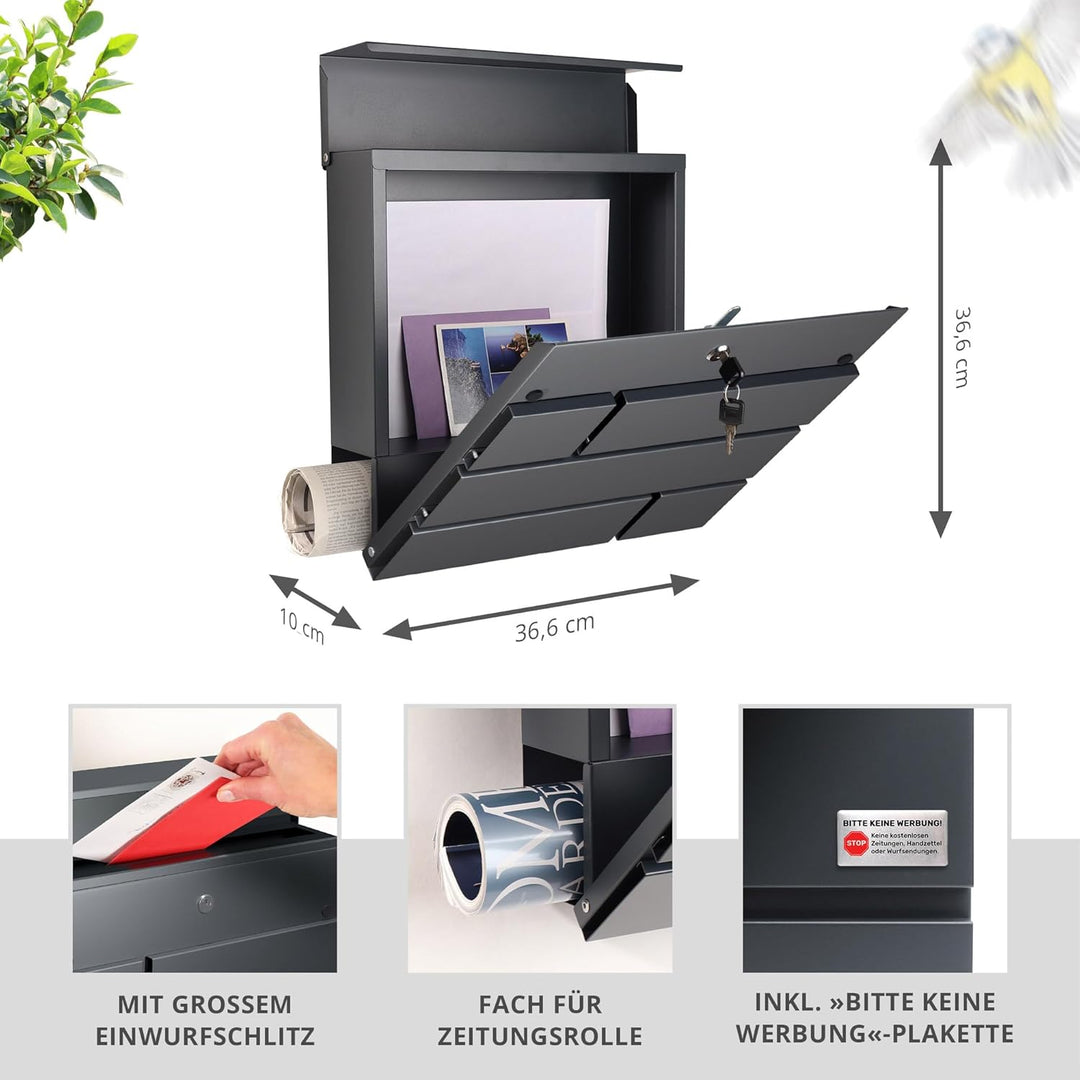 Forgard wetterfester Briefkasten mit Zeitungsfach, Briefbox, Zinkstahl Wandbriefkasten mit Schloss,