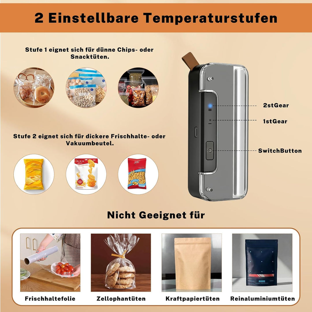 Mini Folienschweissgerät, 2 in 1 Bag Sealer mit Cutter, 2-Stufen Siegelung, Wiederaufladbar, Auto-Of