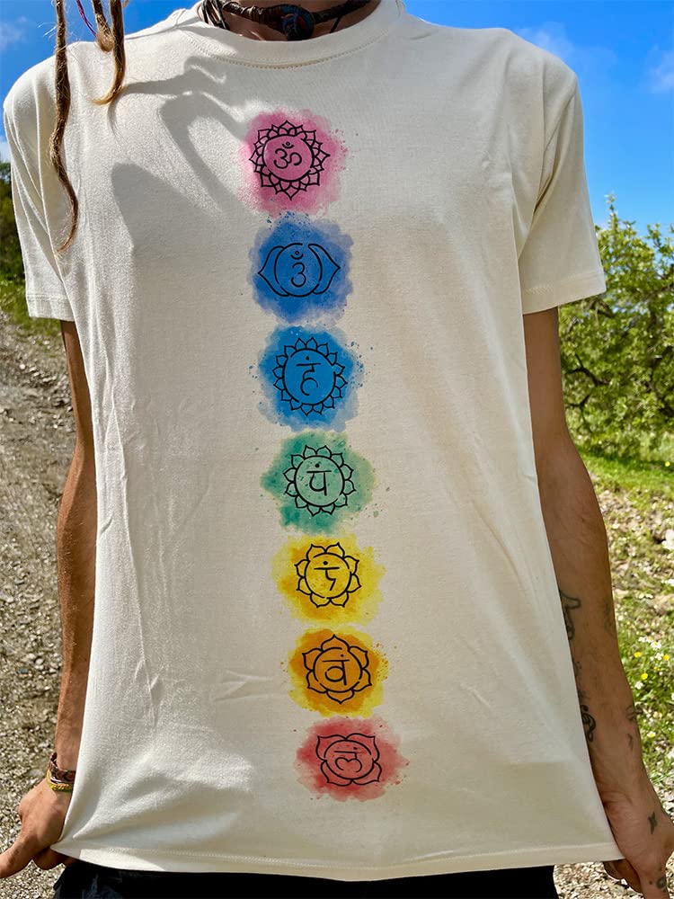 Creme-weisses Chakra T-Shirt für Yoga, Meditation mit den 7 Chakren in Regenbogenfarben (S), S