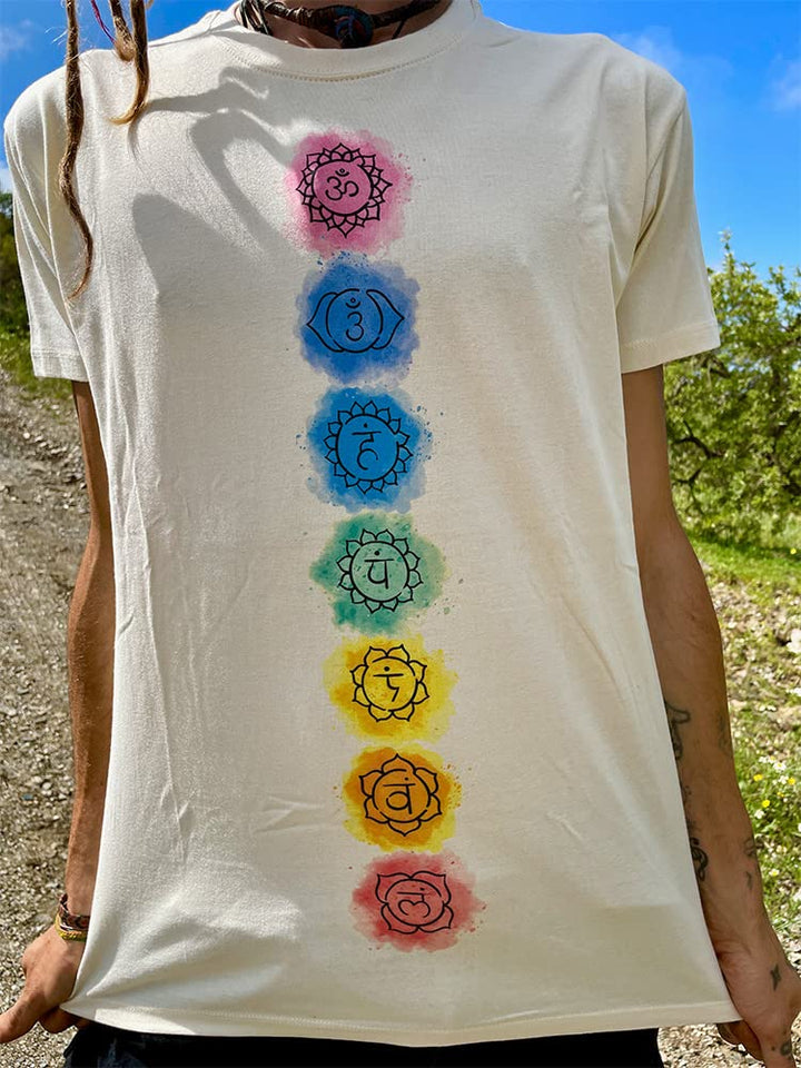 Creme-weisses Chakra T-Shirt für Yoga, Meditation mit den 7 Chakren in Regenbogenfarben (S), S