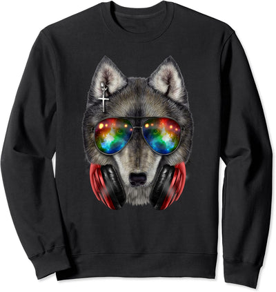 Grauer Wolf, die Raumsonnenbrille und Kopfhörer trägt Sweatshirt