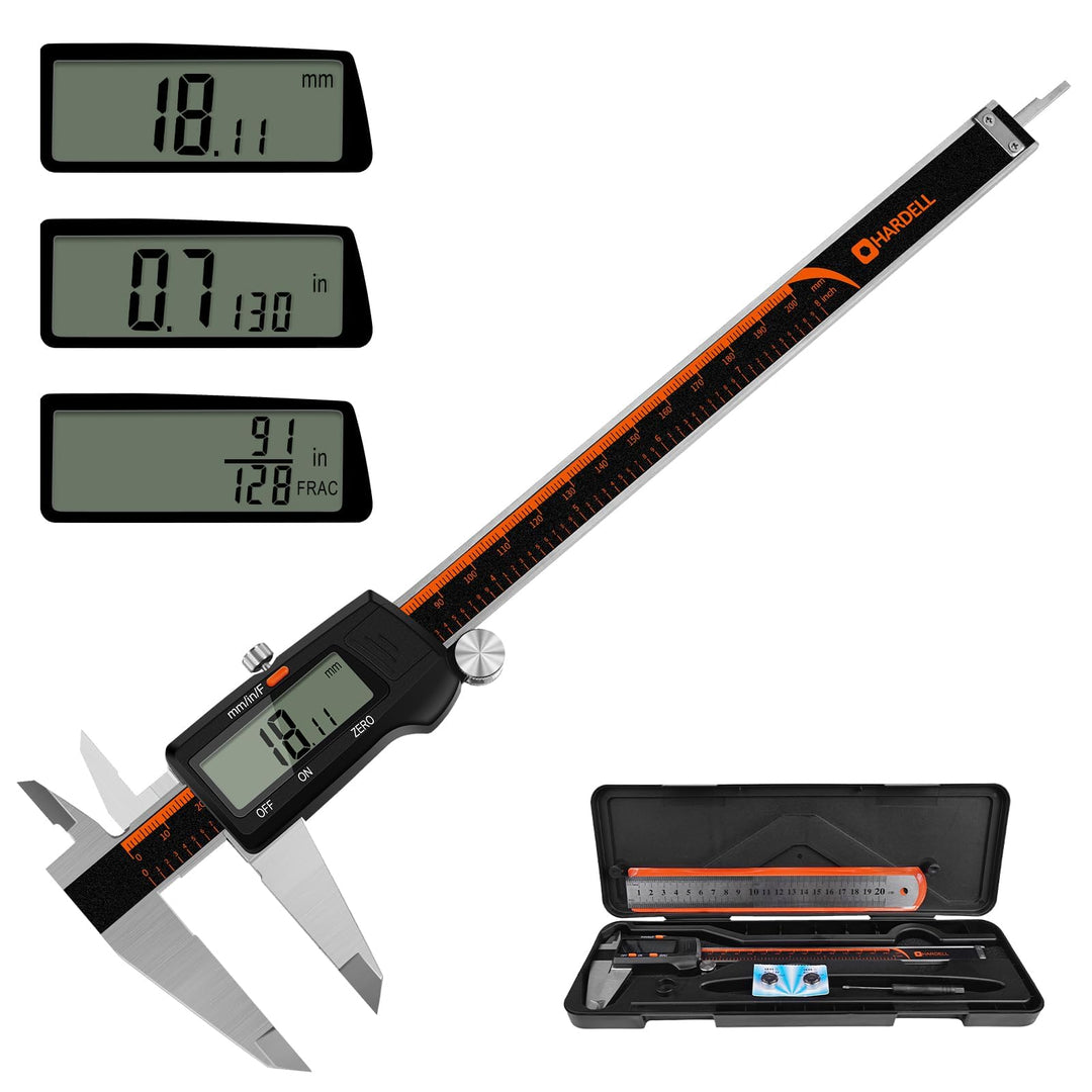 HARDELL Digitaler Messschieber, 0-8 Zoll Messwerkzeug mit grossem LCD-Display, Edelstahl, Auto-Off,
