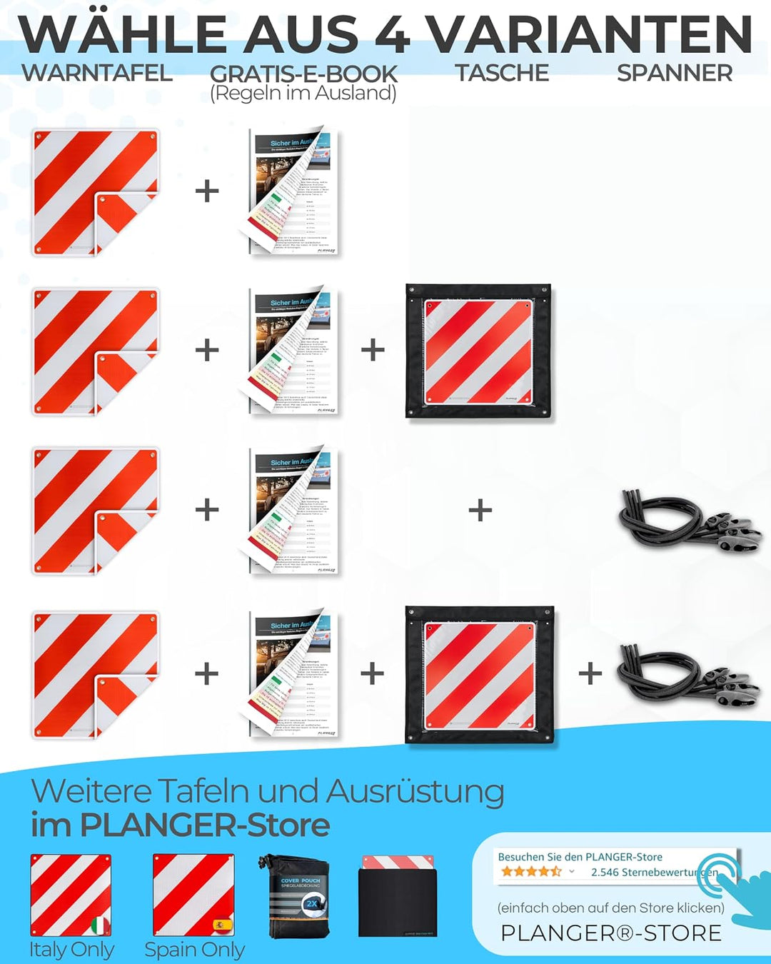 PLANGER® - Warntafel Italien und Spanien 2in1 (50 x 50 cm) - Reflektierendes Warnschild rot weiss fü