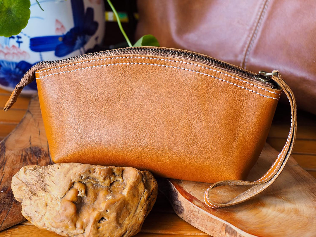 BAWAKO Premium Kosmetiktasche Schminktasche aus hochwertige Echtleder, Schickes Federmäppchen Kleine