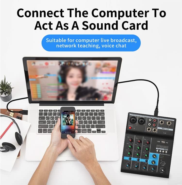 Iriisy Professioneller Mini-Audiomixer mit USB-Kanälen, kabellos, 48 V, Phantom-Stromversorgung für