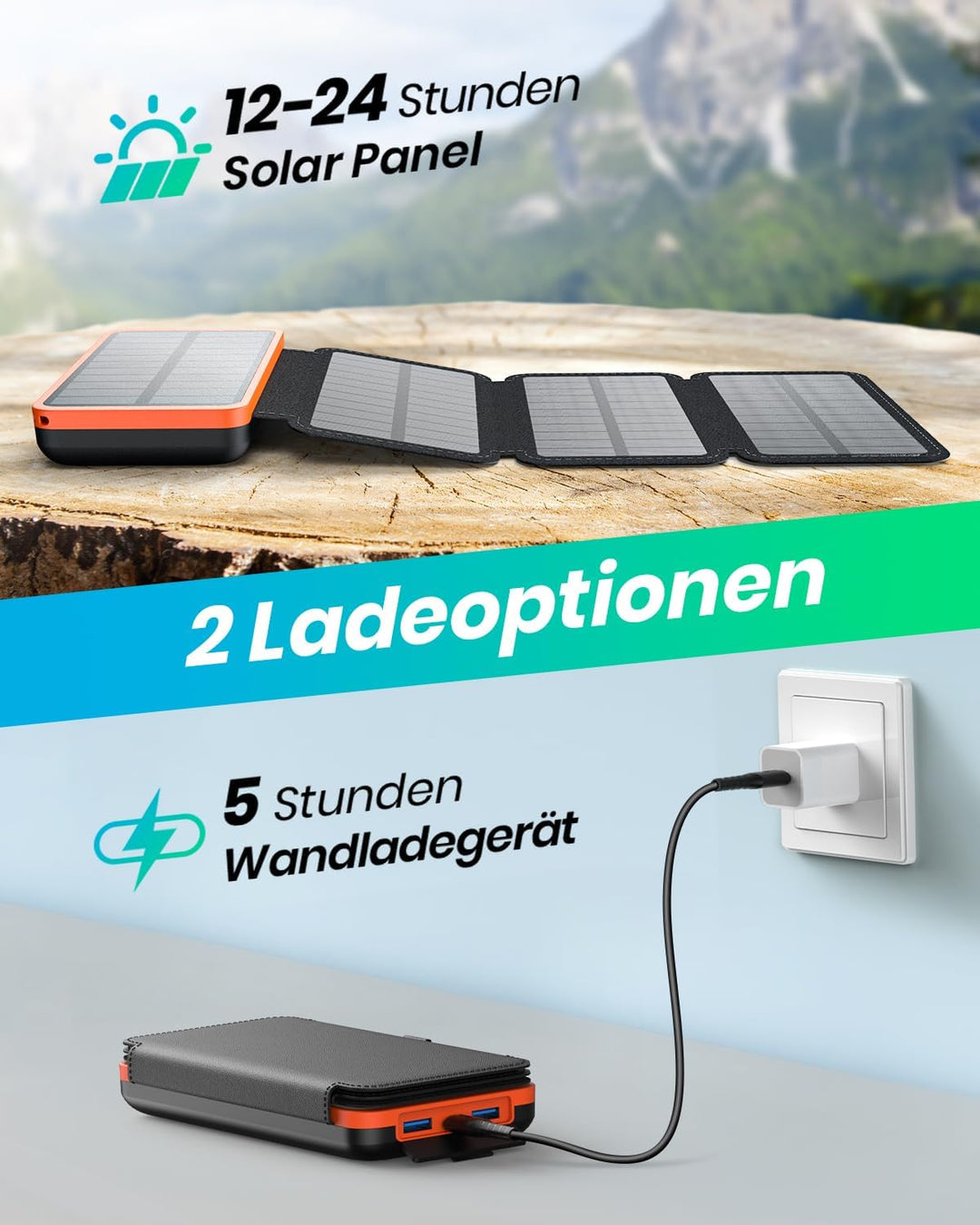 Solar Powerbank 20000mAh – A ADDTOP Solar Ladegerät mit 22.5W Schnellladung, 2 USB-A Ausgäng, 1 USB-