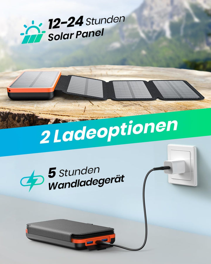 Solar Powerbank 20000mAh – A ADDTOP Solar Ladegerät mit 22.5W Schnellladung, 2 USB-A Ausgäng, 1 USB-