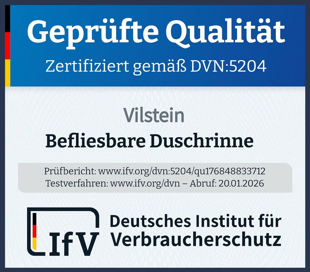 VILSTEIN Duschrinne 110cm | Befliesbar | Edelstahl Bodenablauf Komplettset | Extra flach | Siphon mi