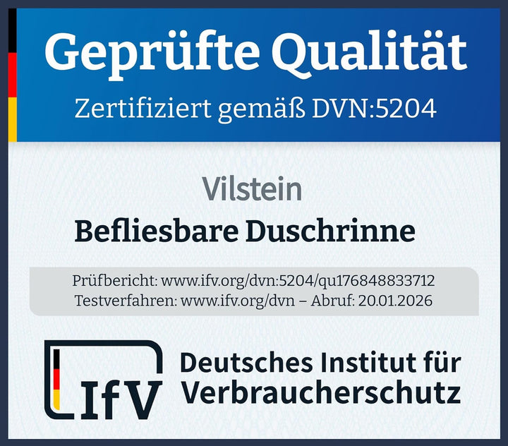 VILSTEIN Duschrinne 110cm | Befliesbar | Edelstahl Bodenablauf Komplettset | Extra flach | Siphon mi