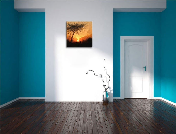 Pixxprint Einsamer Baum bei Sonnenuntergang, Format: 70x70 auf Leinwand, 70x70