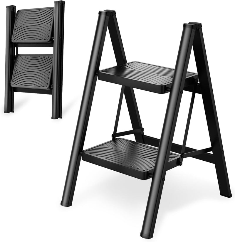 HBTower Trittleiter 2 Stufen Klappbar, Leiter mit breitem Anti-Rutsch-Pedal, Tritthocker mit 150kg K