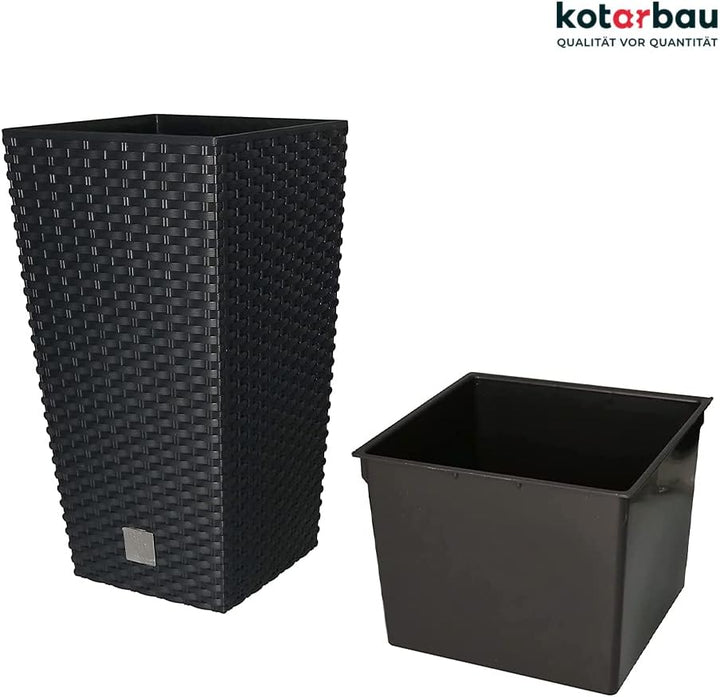 KOTARBAU® Blumentopf 200x200x376mm Rattandesign Quadratisch mit Innentopf Anthrazit, 200x200x376mm