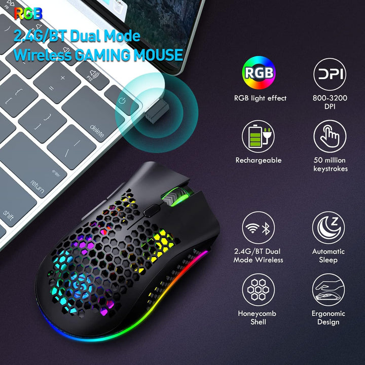 Bluetooth Gaming Maus, Light Honeycomb Maus mit RGB Hintergrundbeleuchtung, einstellbare DPI, Blueto