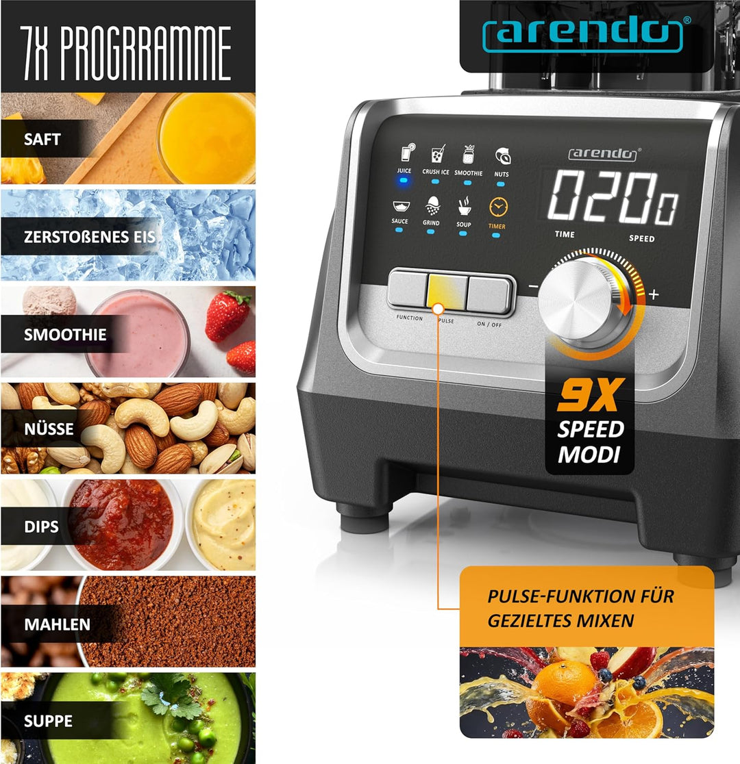 Arendo – Hochleistungsmixer 2000 Watt - Standmixer Edelstahl - 2 Liter Fassungsvermögen – mit Displa