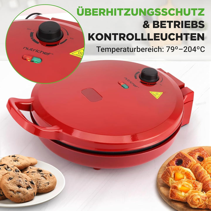 NutriChef Elektrischer Pizzaofen Rot – 1500W Kompaktgerät für 30cm Pizza Antihaftplatte für Pizza, T