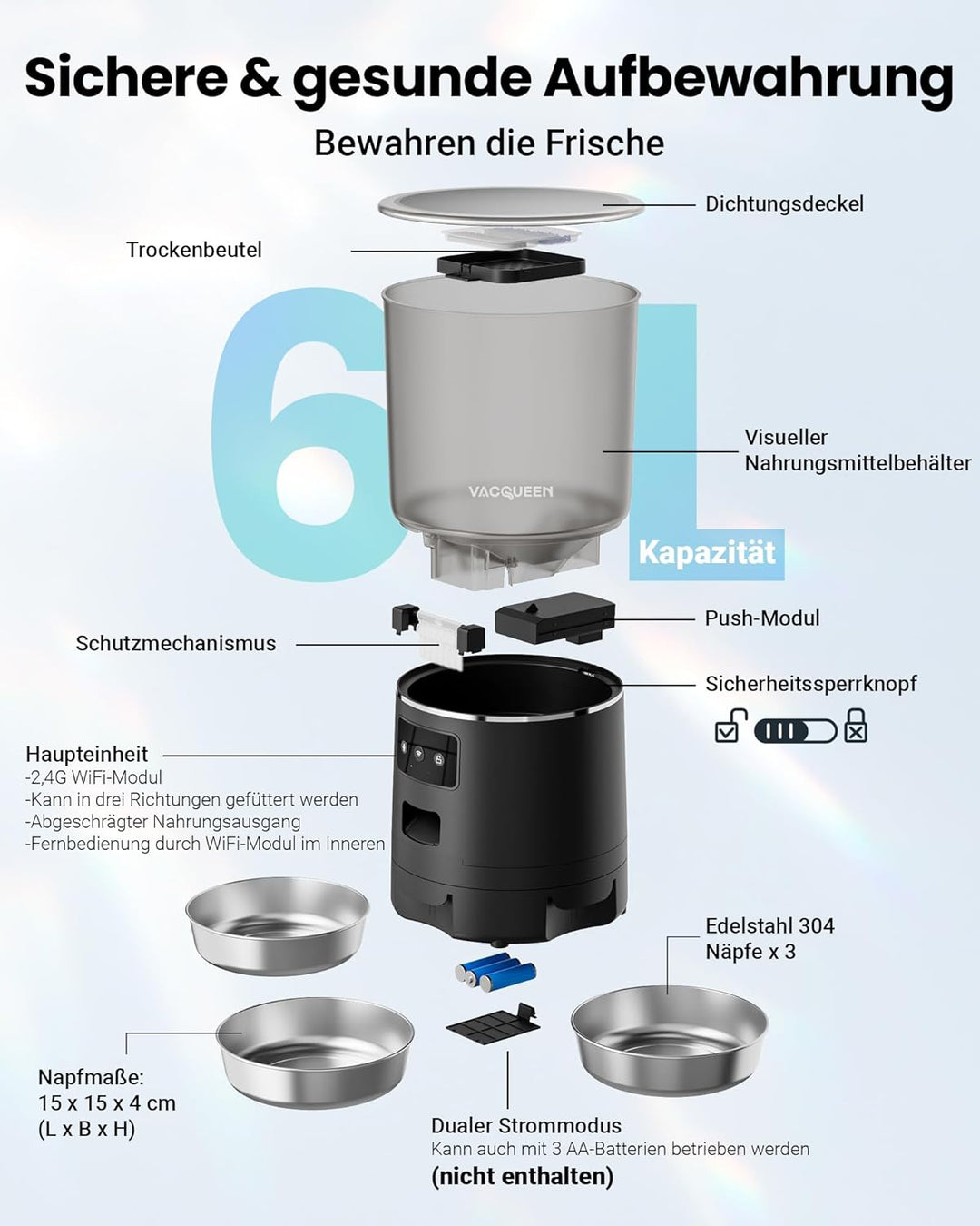 Futterautomat Katze mit APP, 6L /25 Tassen Katzenfutter Automat 3 Näpfe, 3 Trockenmittel Packungen,