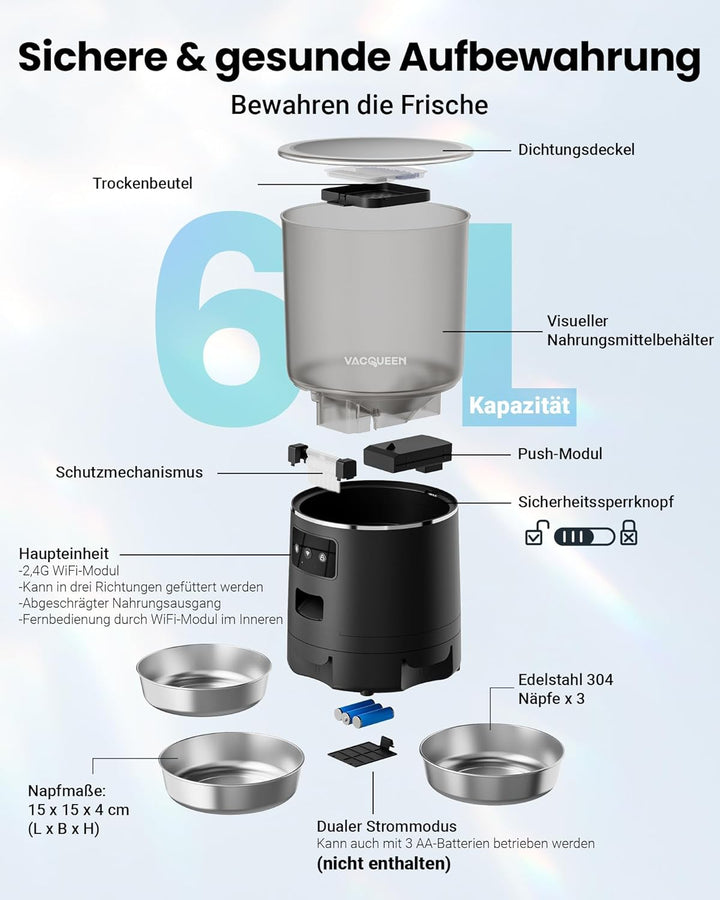 Futterautomat Katze mit APP, 6L /25 Tassen Katzenfutter Automat 3 Näpfe, 3 Trockenmittel Packungen,