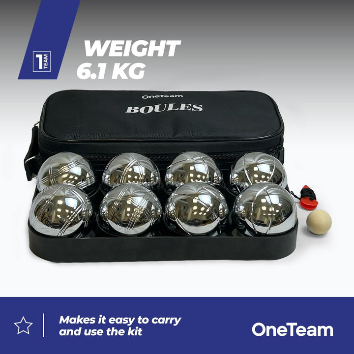 OneTeam Boule Set 8 Kugeln – Petanque Spiel für Erwachsene & Kinder – Verchromter Stahl – Silber – R