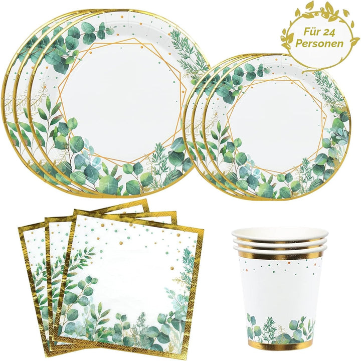 Grün Partygeschirr Set,96Pcs Green Gold Baby Shower Pappteller,Olive Grün Einwegteller Set mit Pappt