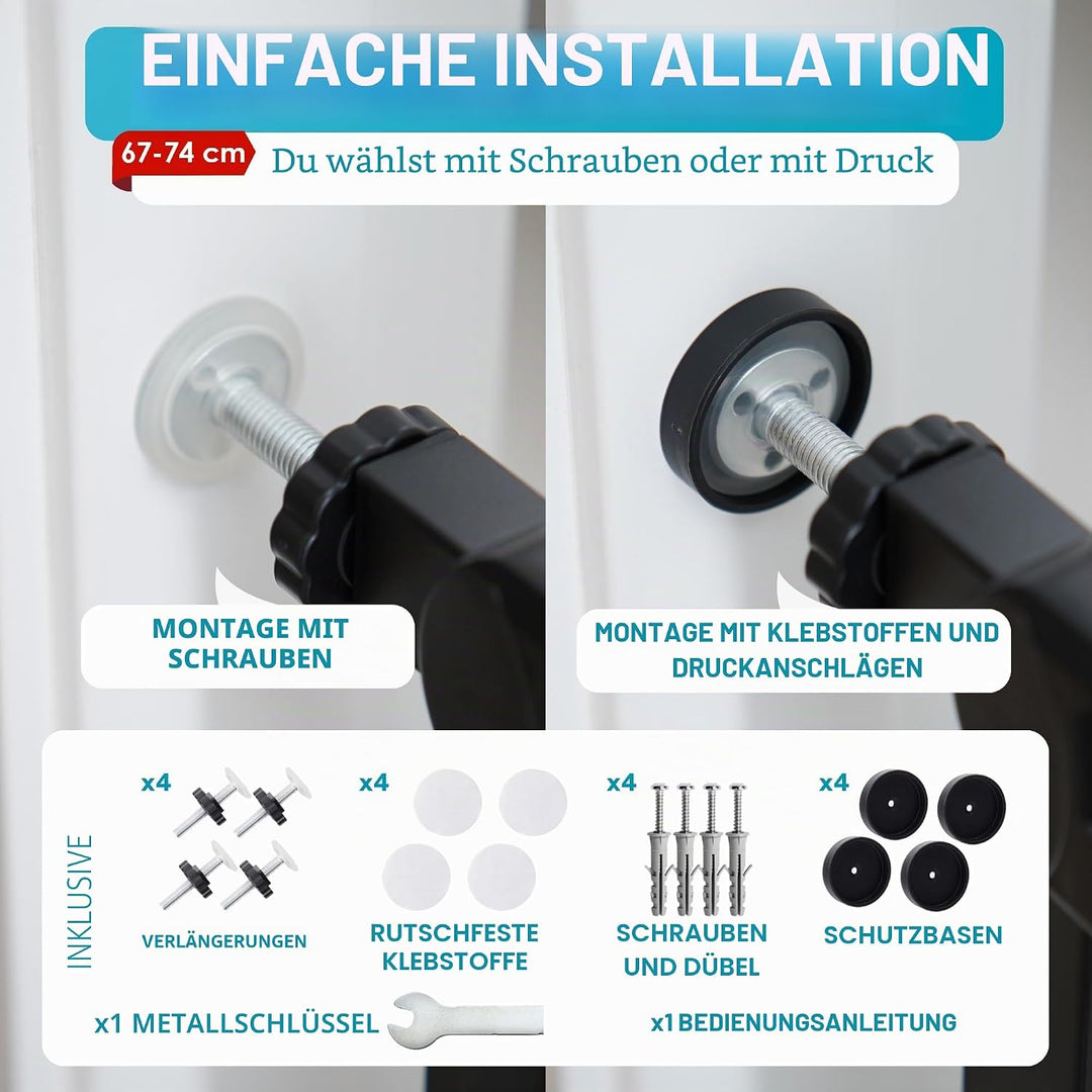 ALMAR Baby Sicherheitsgitter, 67-74 cm, schwarz, einfache Montage, für Türen, Flure oder Treppen, we