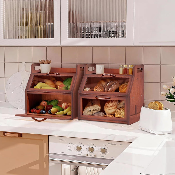 BAMBANG Extra Grosses Brotkasten, 2 Etagen Bambus Brotbox für Küchen, Holz Brotbehälter mit Werkzeug