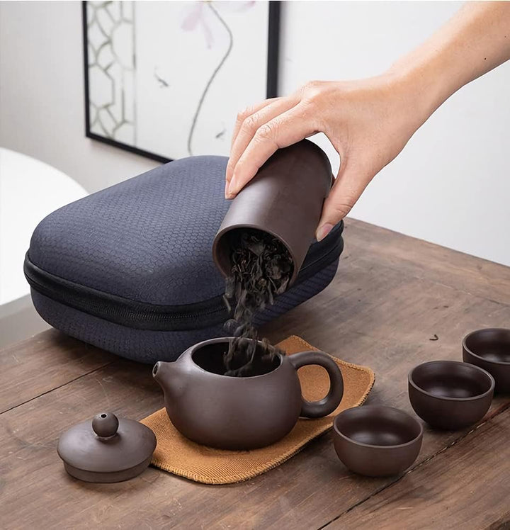 Tee Set 7-teilig Chinesisch Keramik Kleine Teeservice mit 130ml Teekanne und 4 Teebecher 30ml Tragba