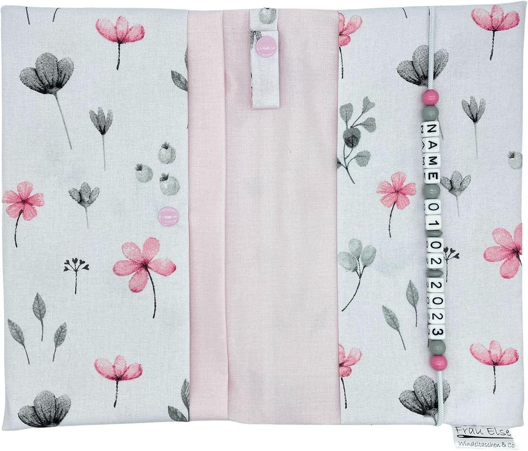 Grosse Windeltasche XXL mit Name Wickeltasche - Blumen weiss rosa grau - für Mädchen
